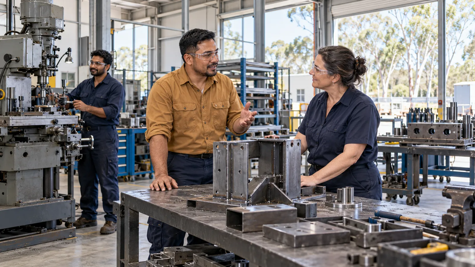 A man in an ochre shirt discusses a metal assembly with a colleague in a sunlit Australian workshop.
