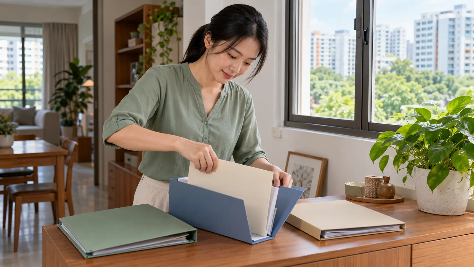 A woman in a sage blouse sorts envelopes into separate folders in her sunlit Singapore home.