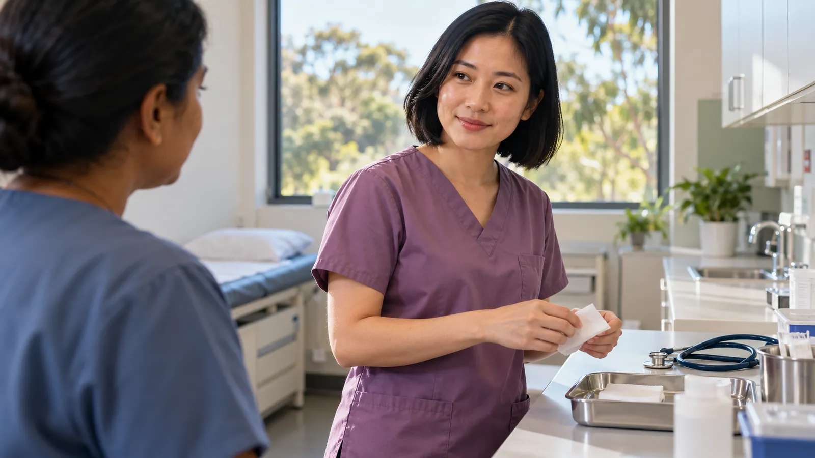 A nurse in mauve scrubs prepares dressings while listening to a colleague in a sunlit clinic.