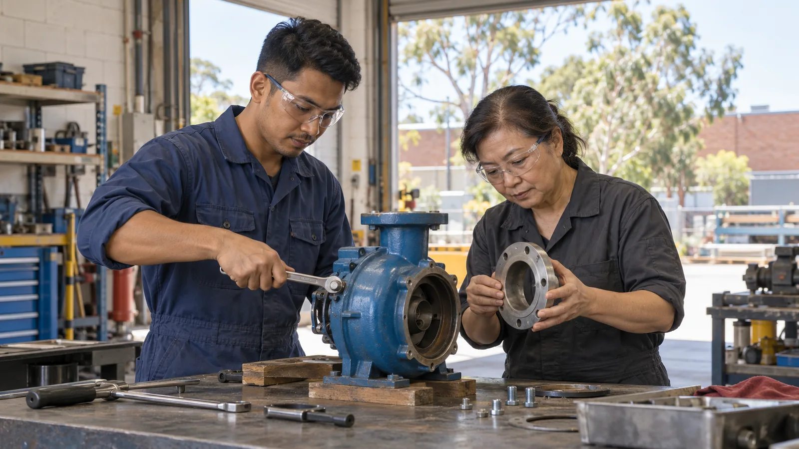A young man and an older woman in safety glasses work together on a water pump in a sunlit workshop.