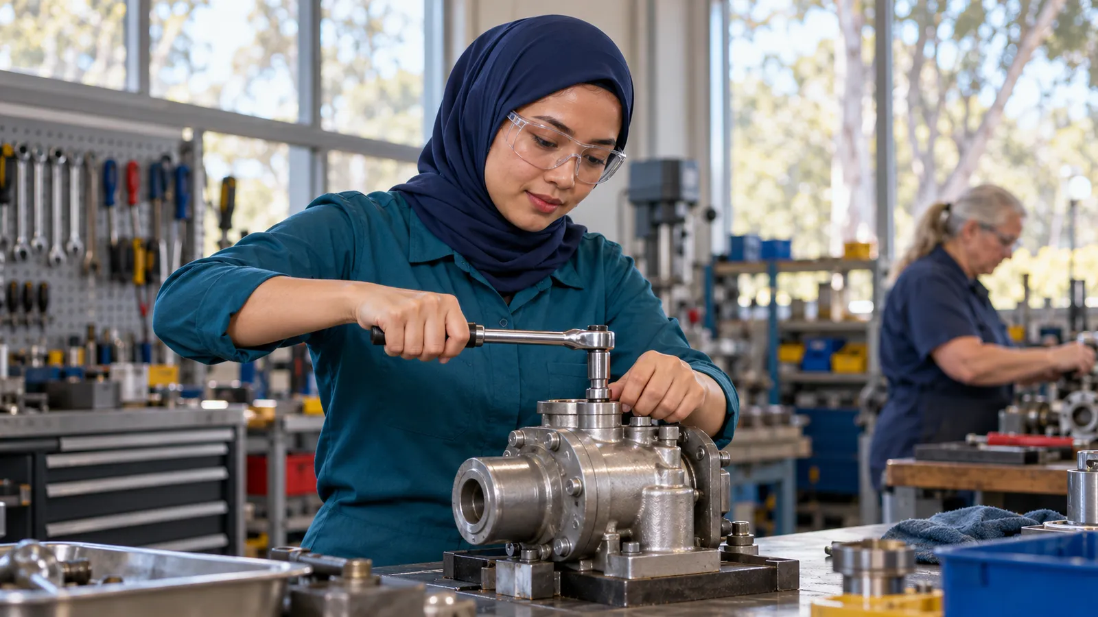 A woman in a navy hijab and teal work shirt uses a socket wrench on a metal pump in a sunlit workshop.