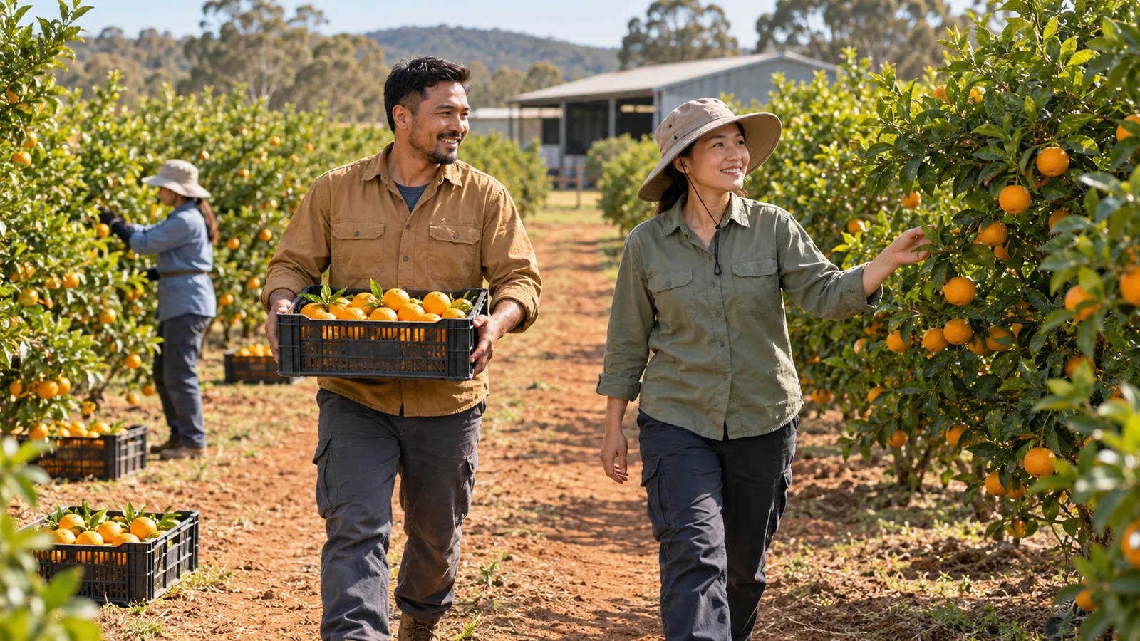 A man carries a crate of oranges beside a woman walking through a sunlit Australian orchard.