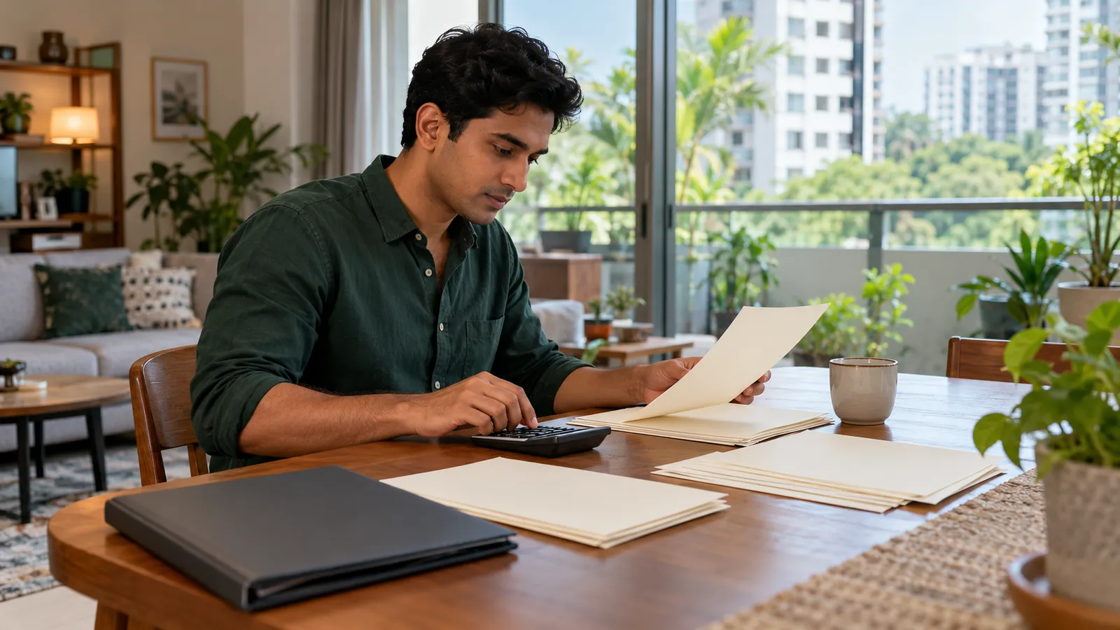 A man in a dark green shirt uses a calculator while sorting papers at a sunlit Singapore home.