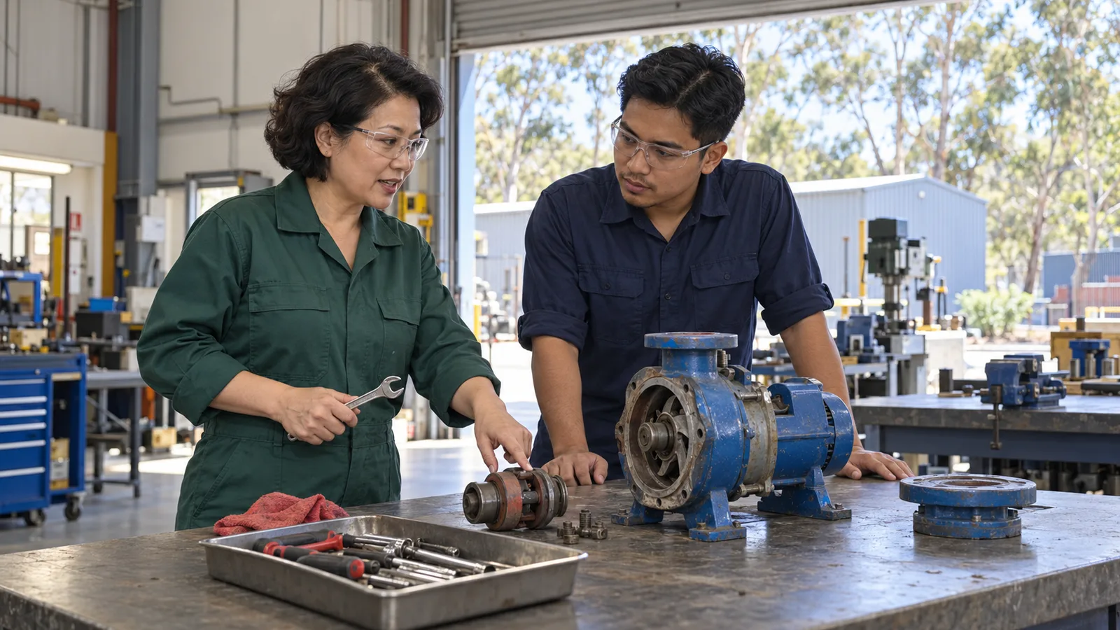 A woman in green workwear explains pump parts to a younger colleague in a sunlit workshop.