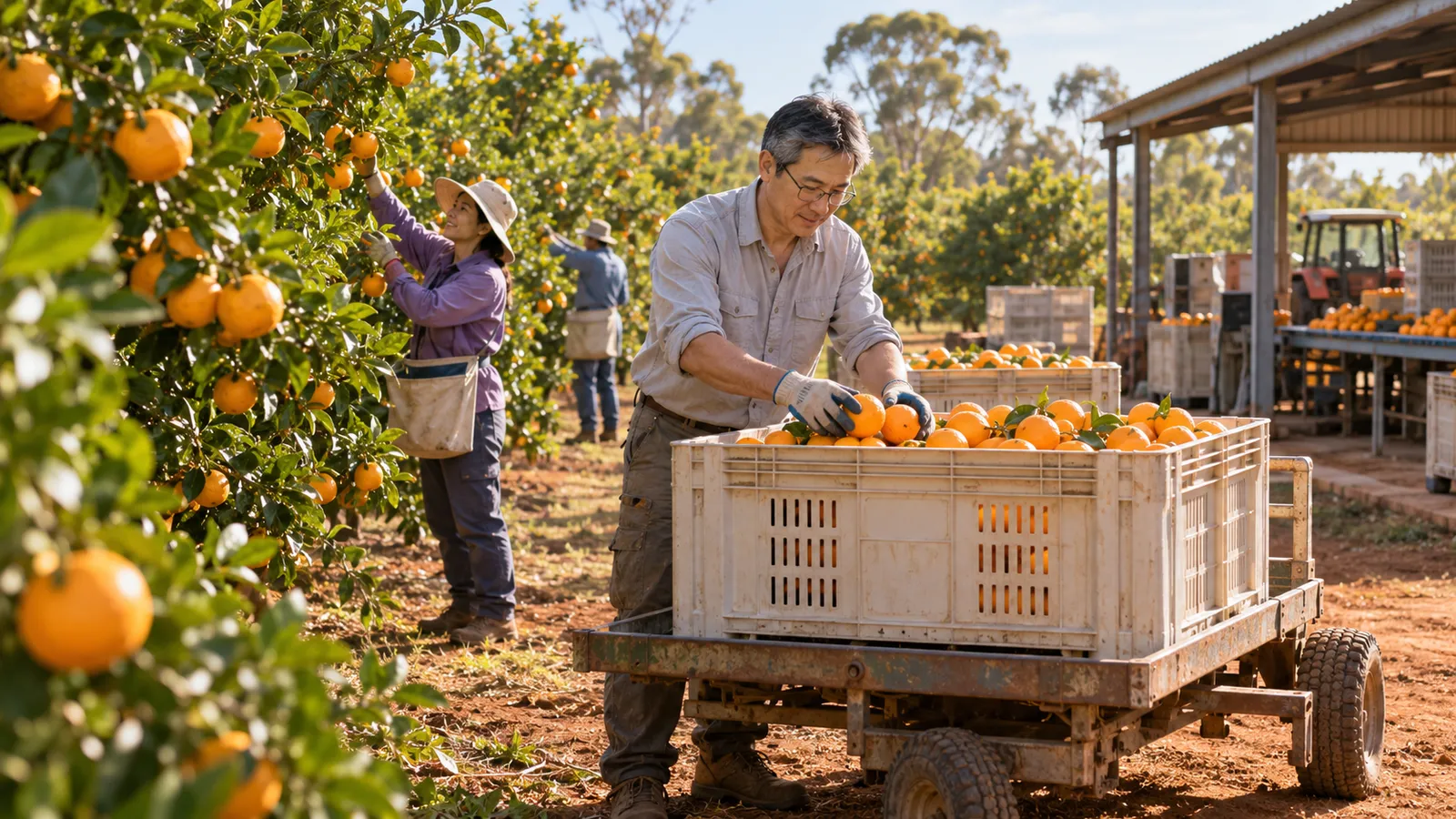 A man packs oranges into a crate while workers harvest fruit in a sunlit Australian orchard.