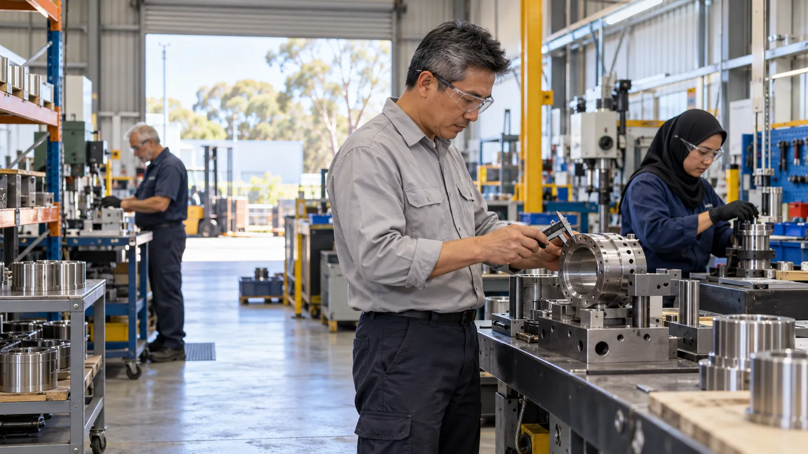 A man in safety glasses measures a metal component while two colleagues work nearby in a bright workshop.