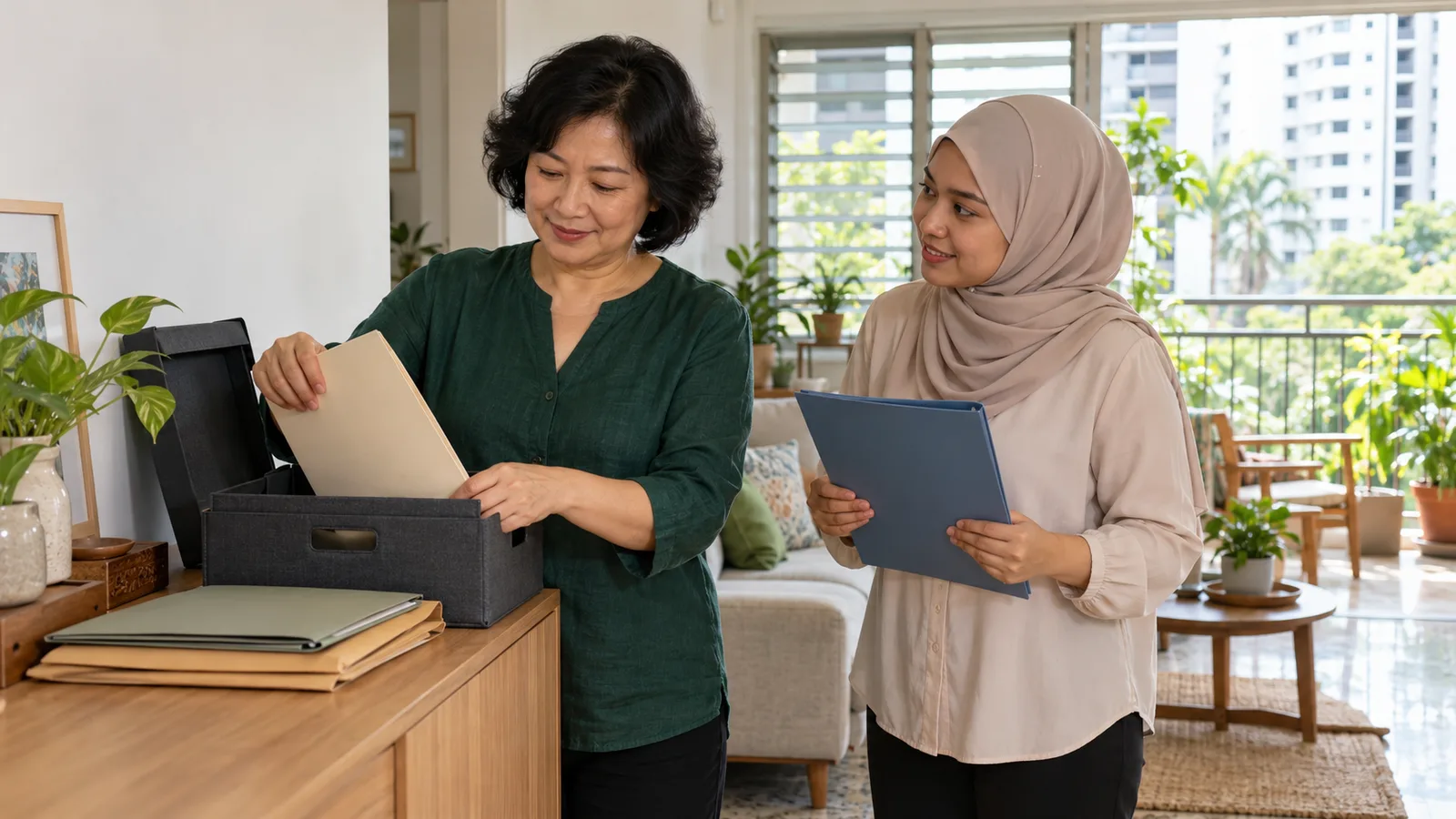 A woman in deep green sorts folders into a box with a younger colleague in a bright Singapore home.
