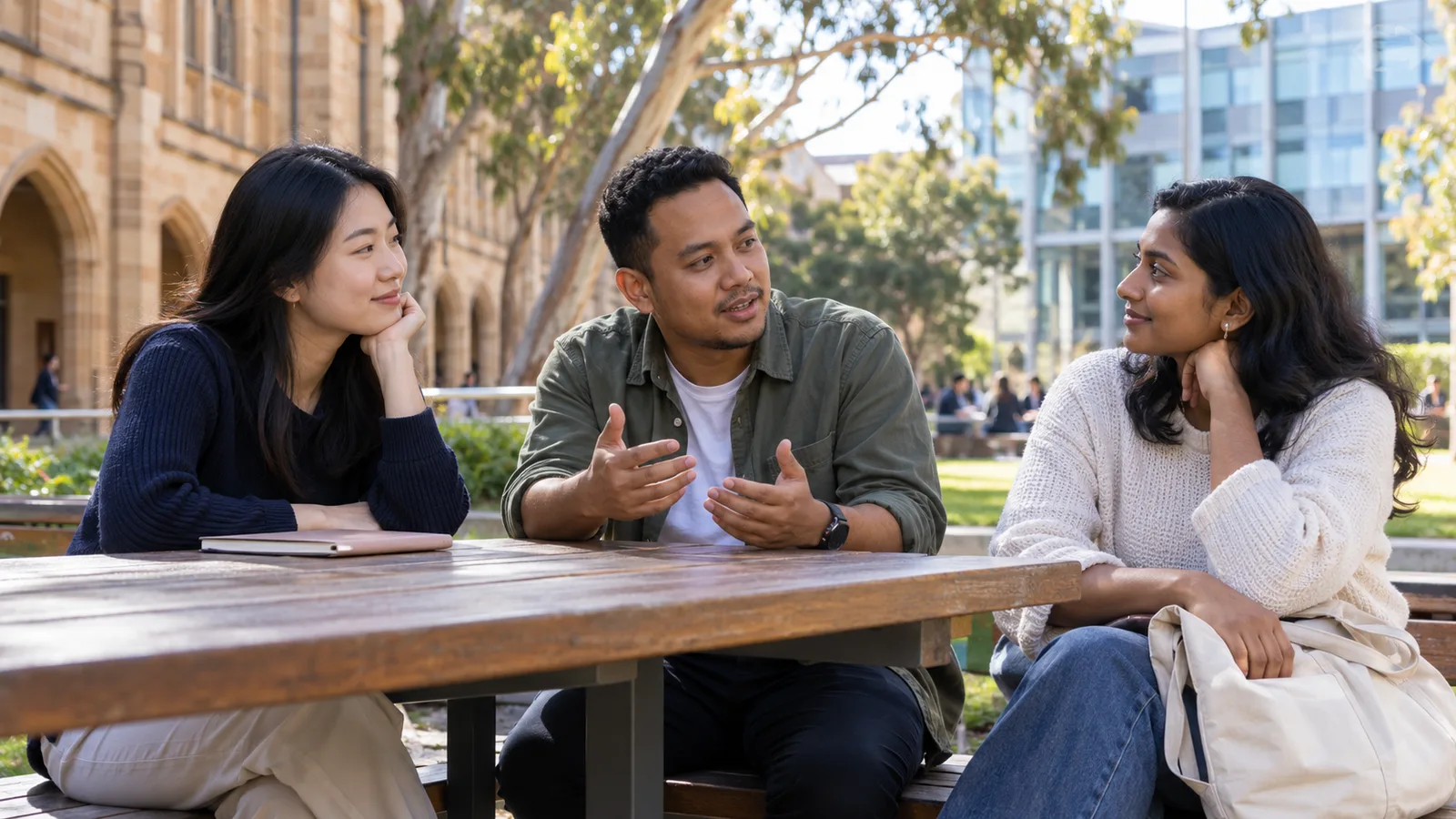 Three students chat at a wooden table in a sunlit Australian university courtyard.