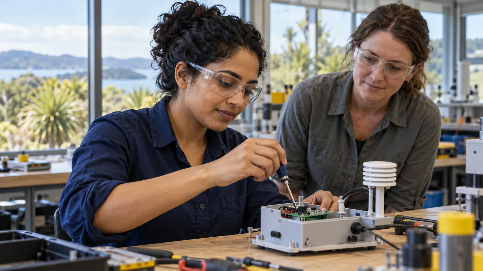 A woman in navy adjusts a sensor prototype while her colleague watches in a sunlit New Zealand workshop.