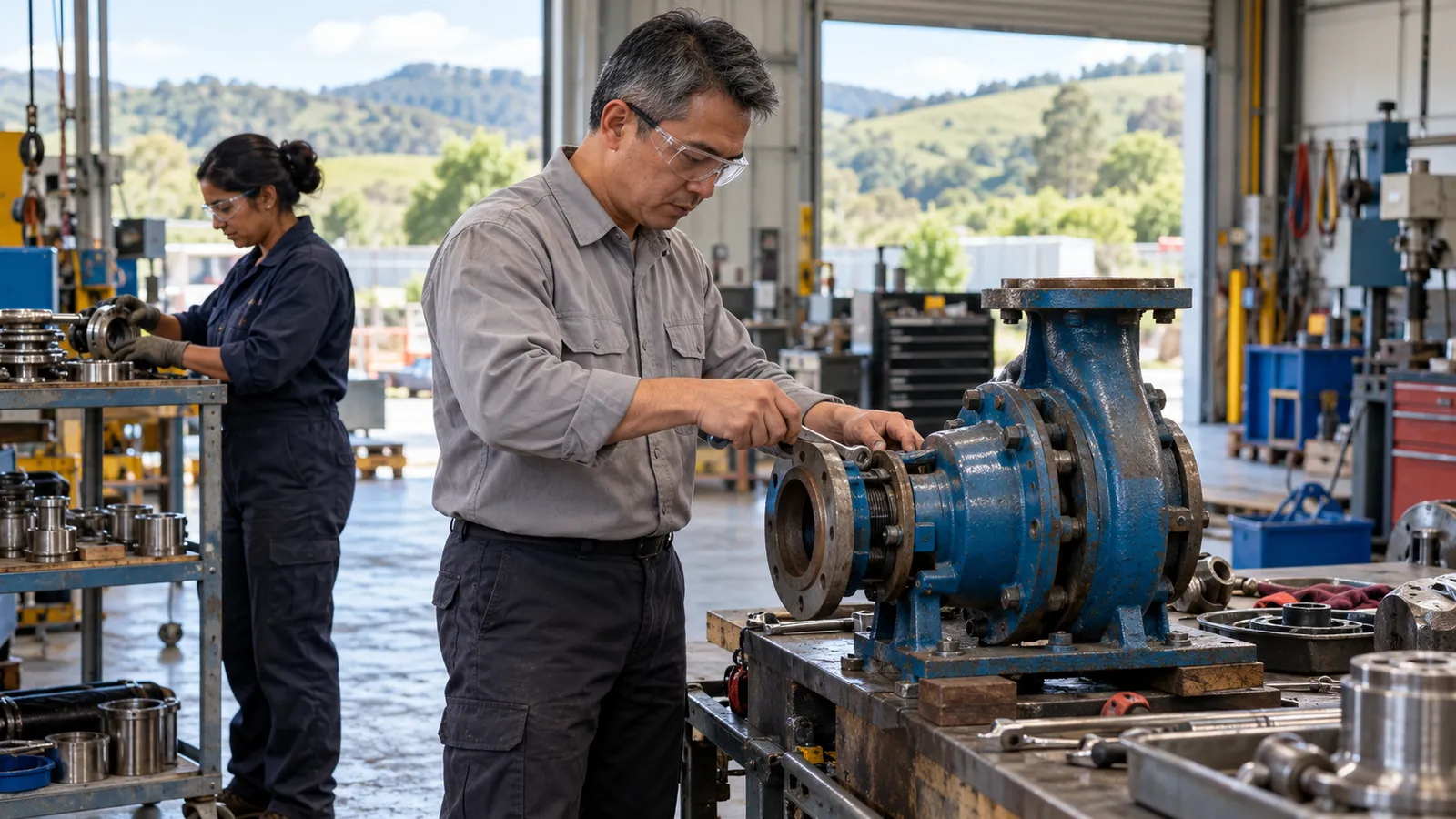 A man services an industrial pump in a sunlit New Zealand workshop while a colleague sorts parts nearby.