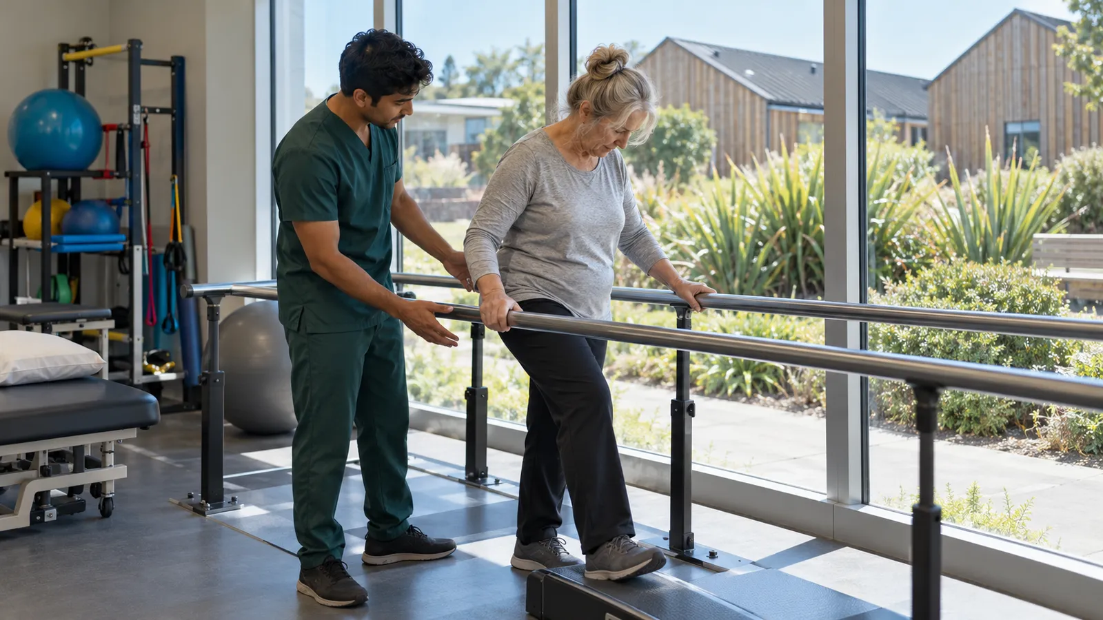 A physiotherapist in dark green scrubs guides an older woman through a step exercise in a sunlit clinic.