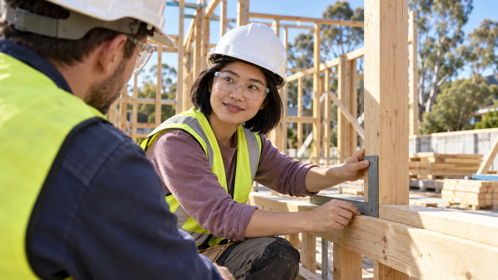 A woman in safety gear checks a timber joint with a colleague at an Australian housing construction site.