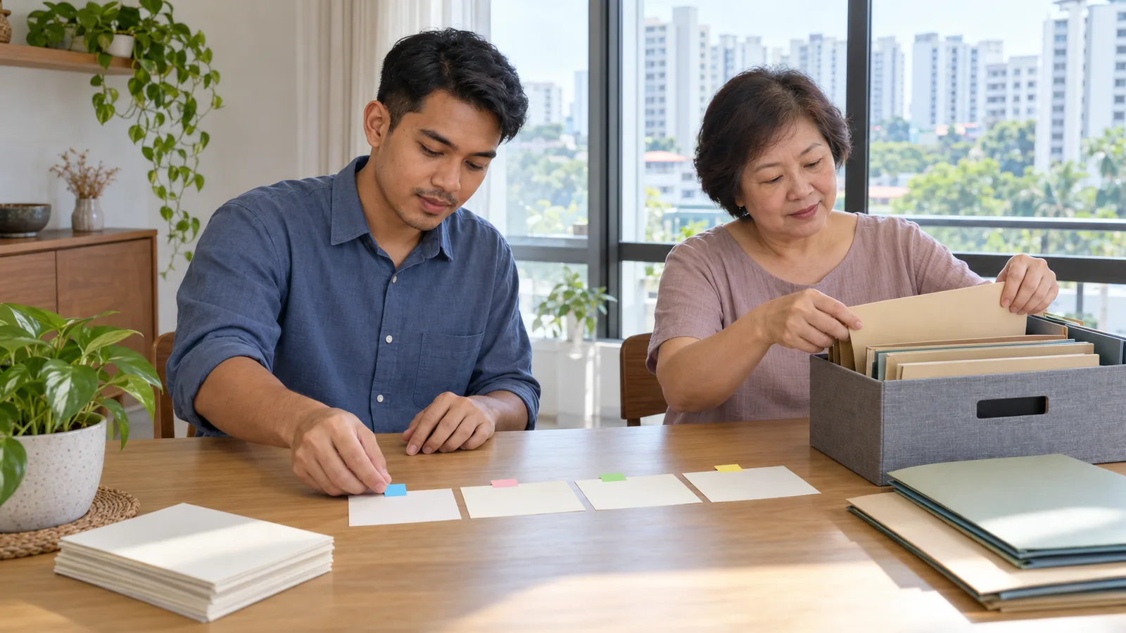 A young man arranges blank cards while an older woman sorts folders in a sunlit Singapore home.