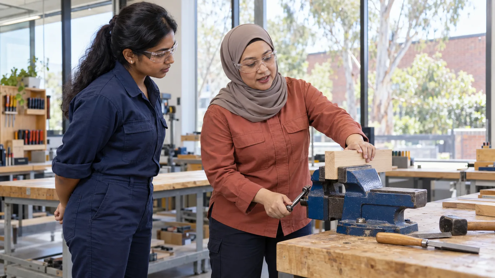 A woman in a taupe hijab demonstrates securing timber in a bench vice as another woman watches.