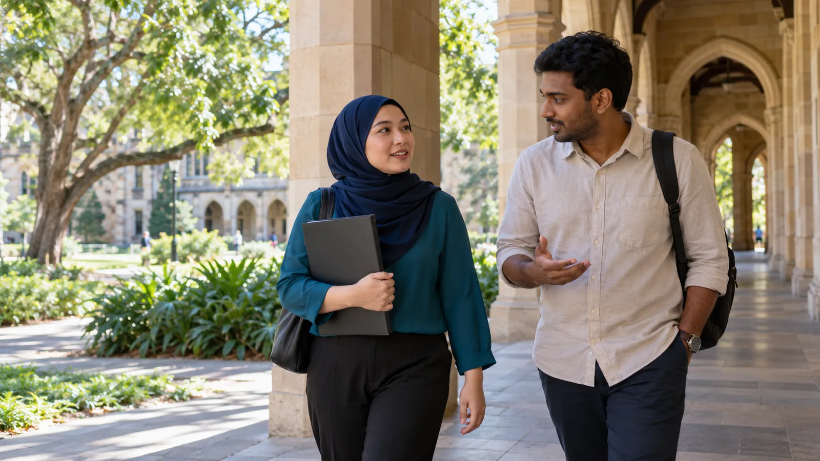 A woman in a navy hijab carries a closed folder while chatting with a fellow student along a leafy arcade.