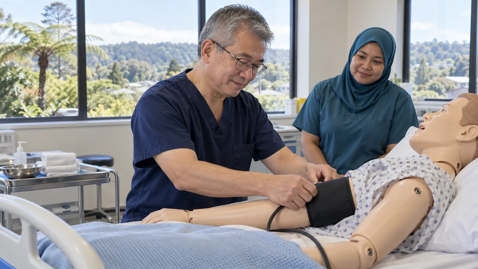 A grey-haired man in navy scrubs fits a blood pressure cuff on a training mannequin as a colleague watches.
