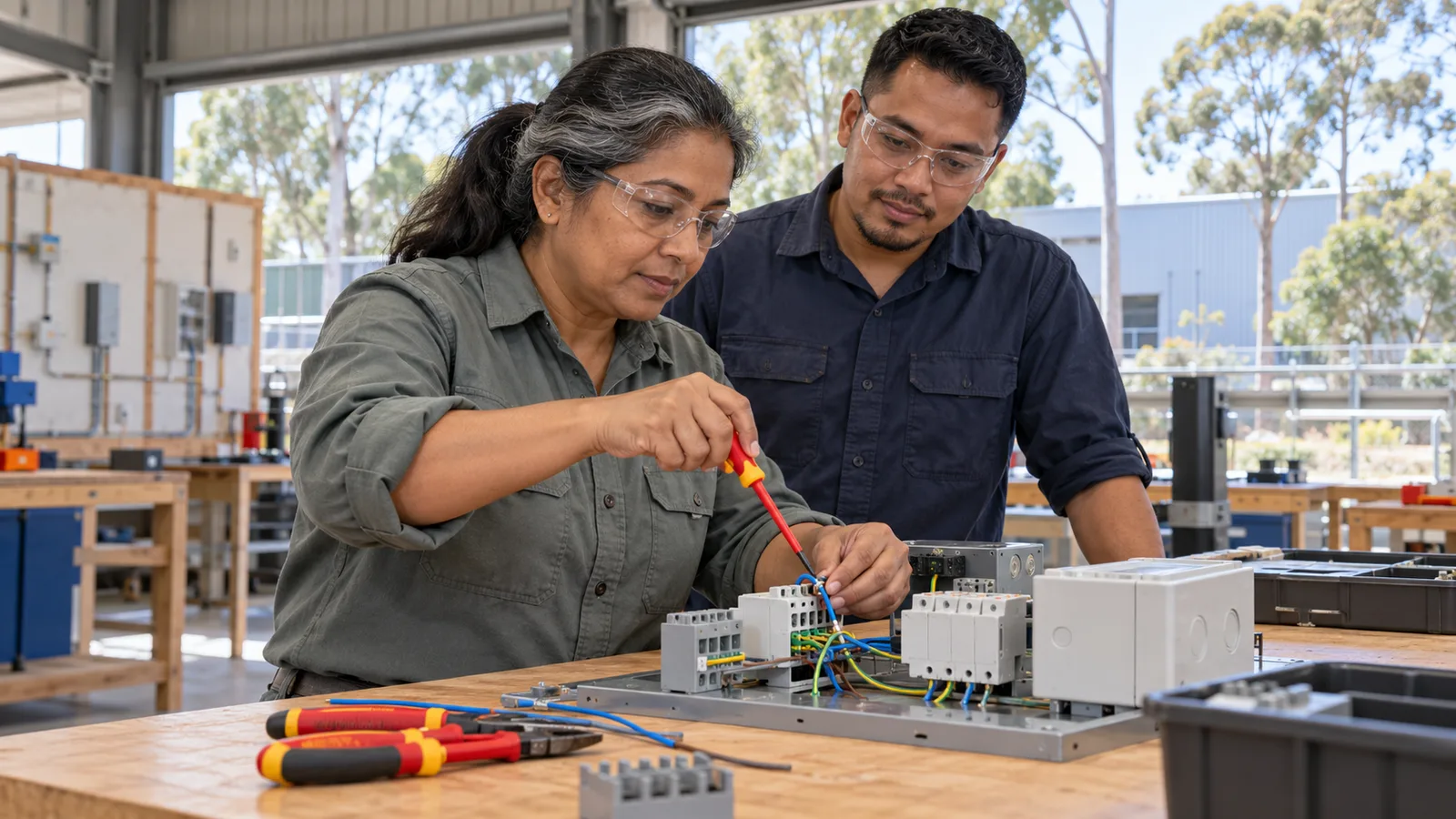 A woman practises wiring on an electrical training rig while a colleague watches in a sunlit workshop.