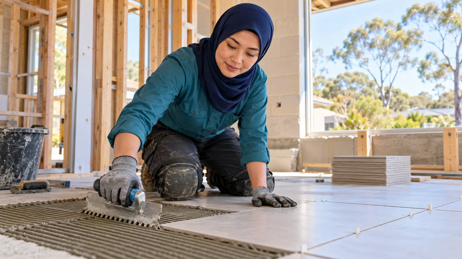 A woman in a navy hijab and teal work shirt spreads tile adhesive inside an Australian home under construction.