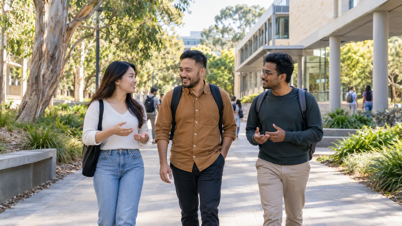 Three adult students walk and chat along a leafy Australian university campus walkway.