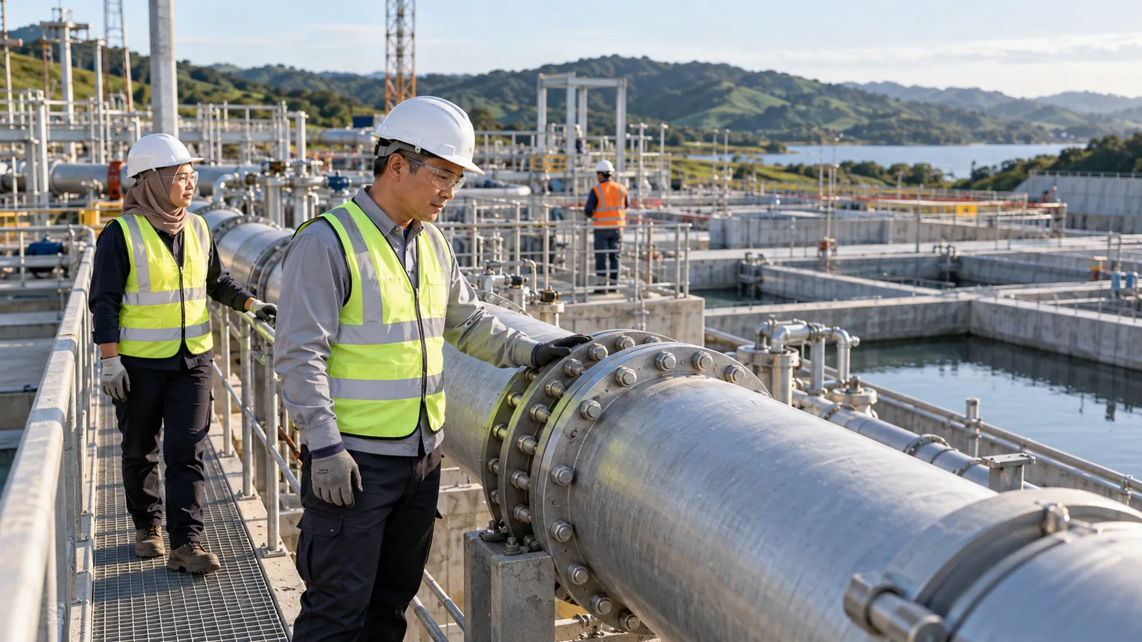 An engineer inspects a large pipe with colleagues at a New Zealand water treatment site.