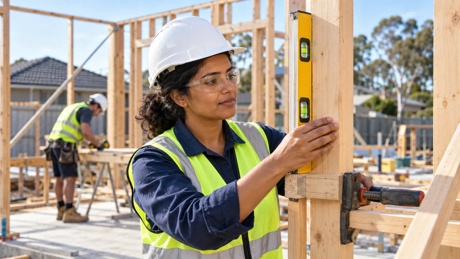 A tradeswoman checks a timber wall frame with a spirit level at an Australian housing construction site.
