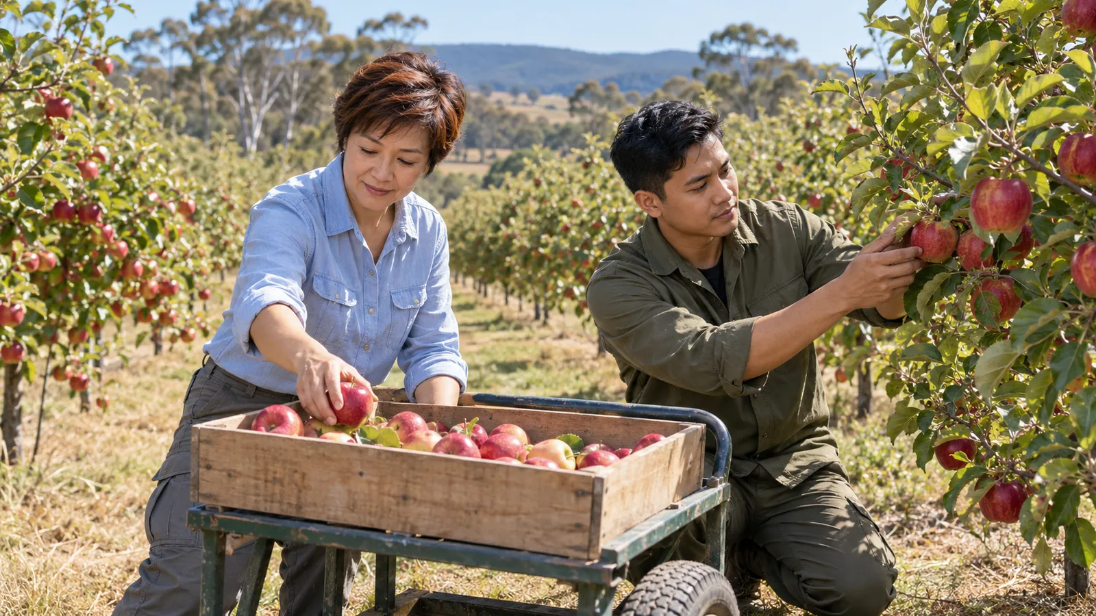 A woman in pale blue fills a crate while a younger man picks apples in a sunlit Australian orchard.