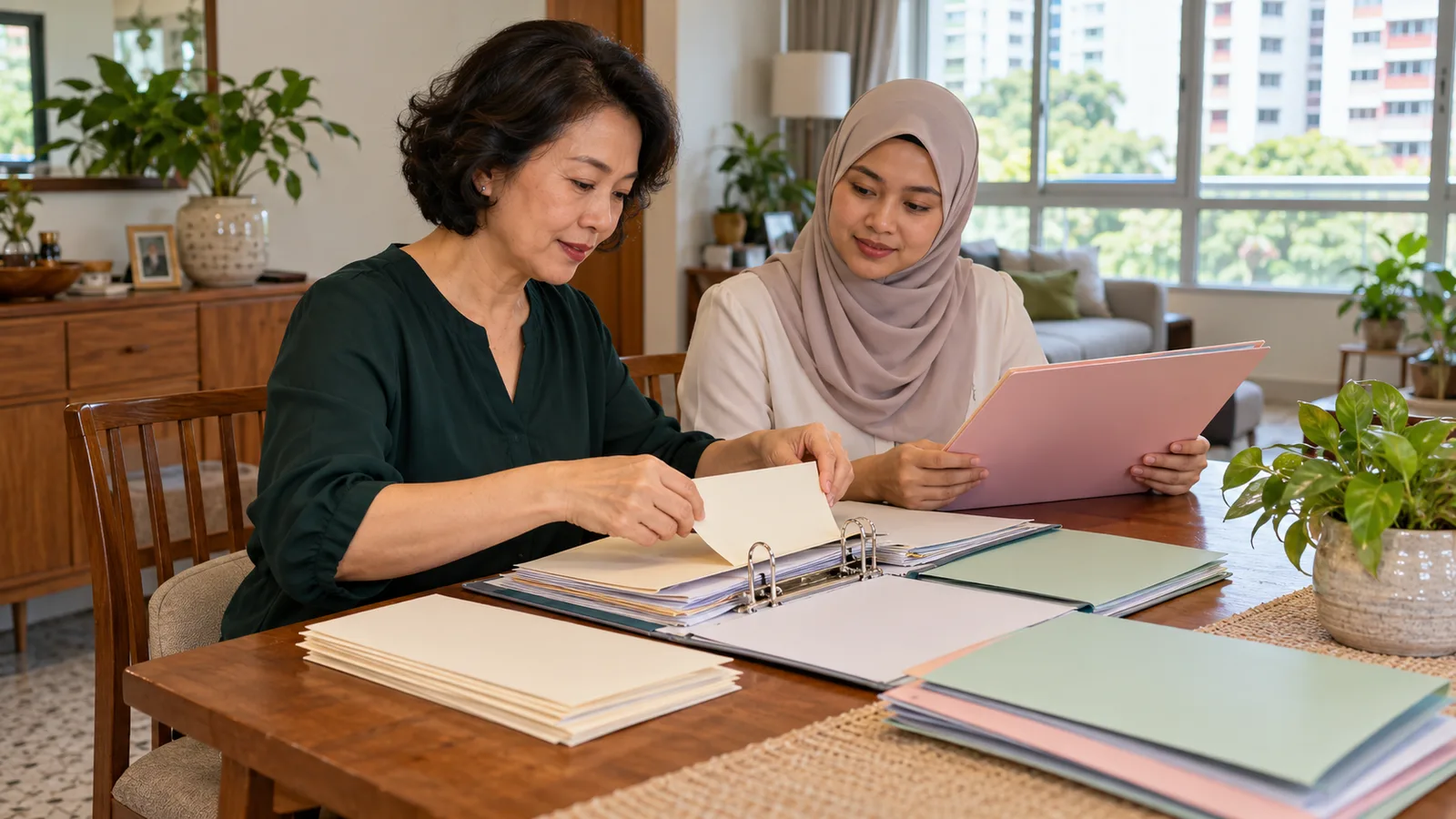 A woman in green sorts folders with a younger colleague at a sunlit Singapore home.