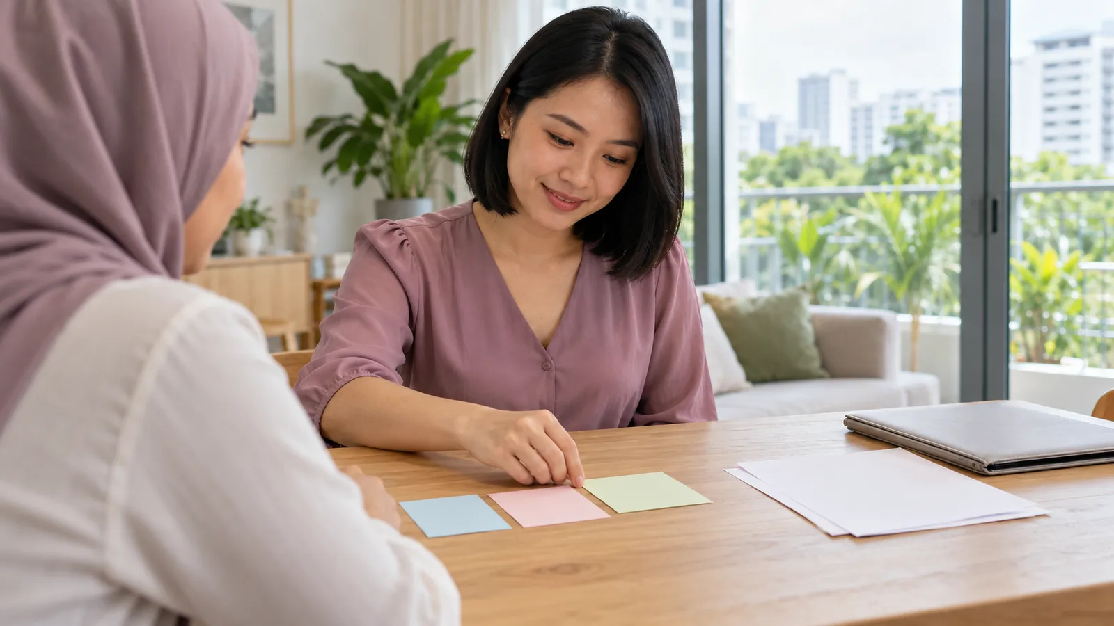 A woman in mauve arranges coloured cards with a colleague at a sunlit table in a Singapore home.