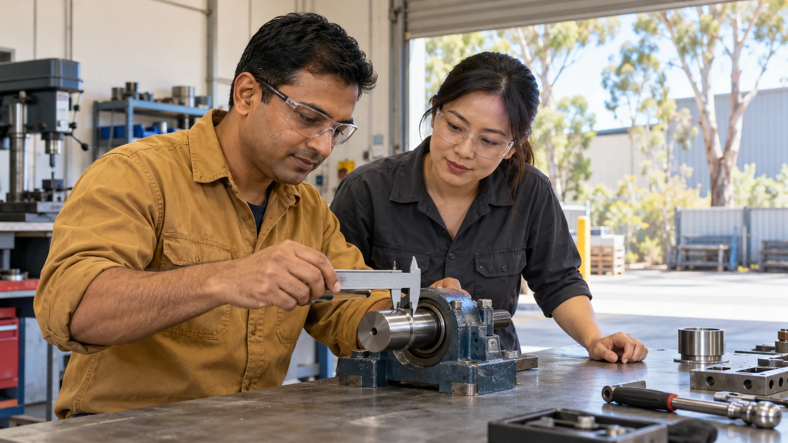 A man in ochre workwear measures a metal shaft with a caliper as a woman watches in a sunlit workshop.