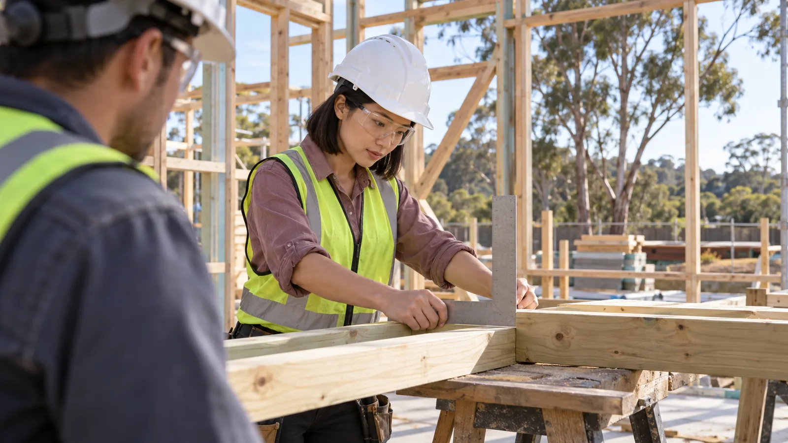 A woman carpenter checks a timber joint with a square as her colleague watches at an Australian building site.