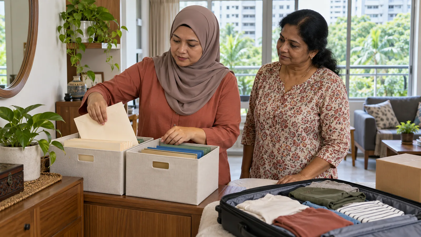 A woman in a taupe hijab sorts envelopes beside a packed suitcase as another woman watches in a Singapore home.
