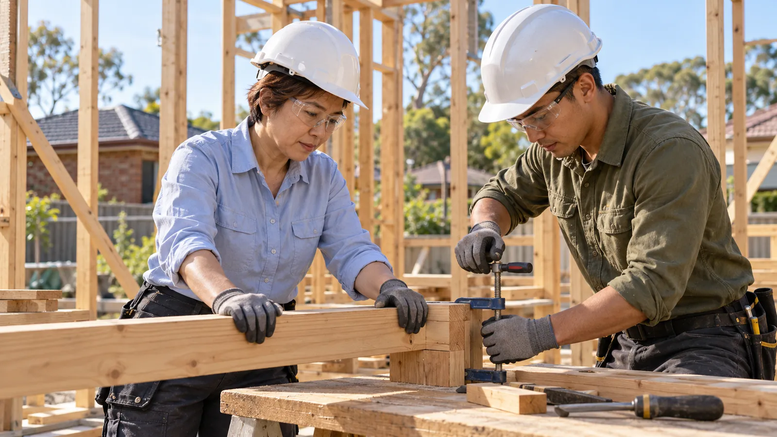 An older woman and a younger man clamp a timber joint together at an Australian home construction site.