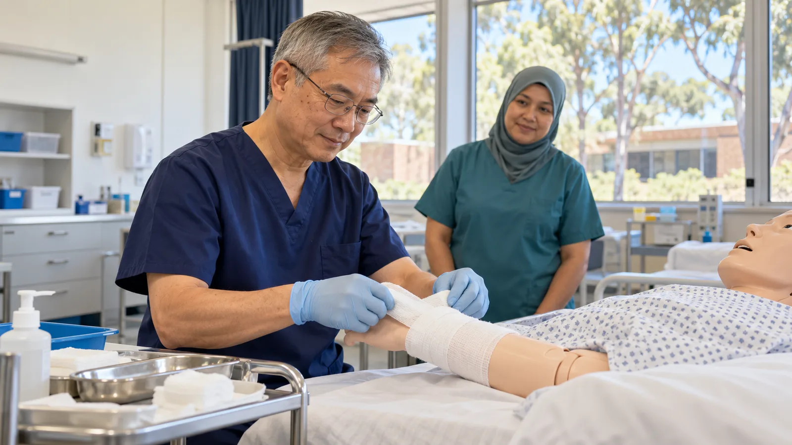 A grey-haired man in navy scrubs practises bandaging a mannequin’s arm while a colleague watches.