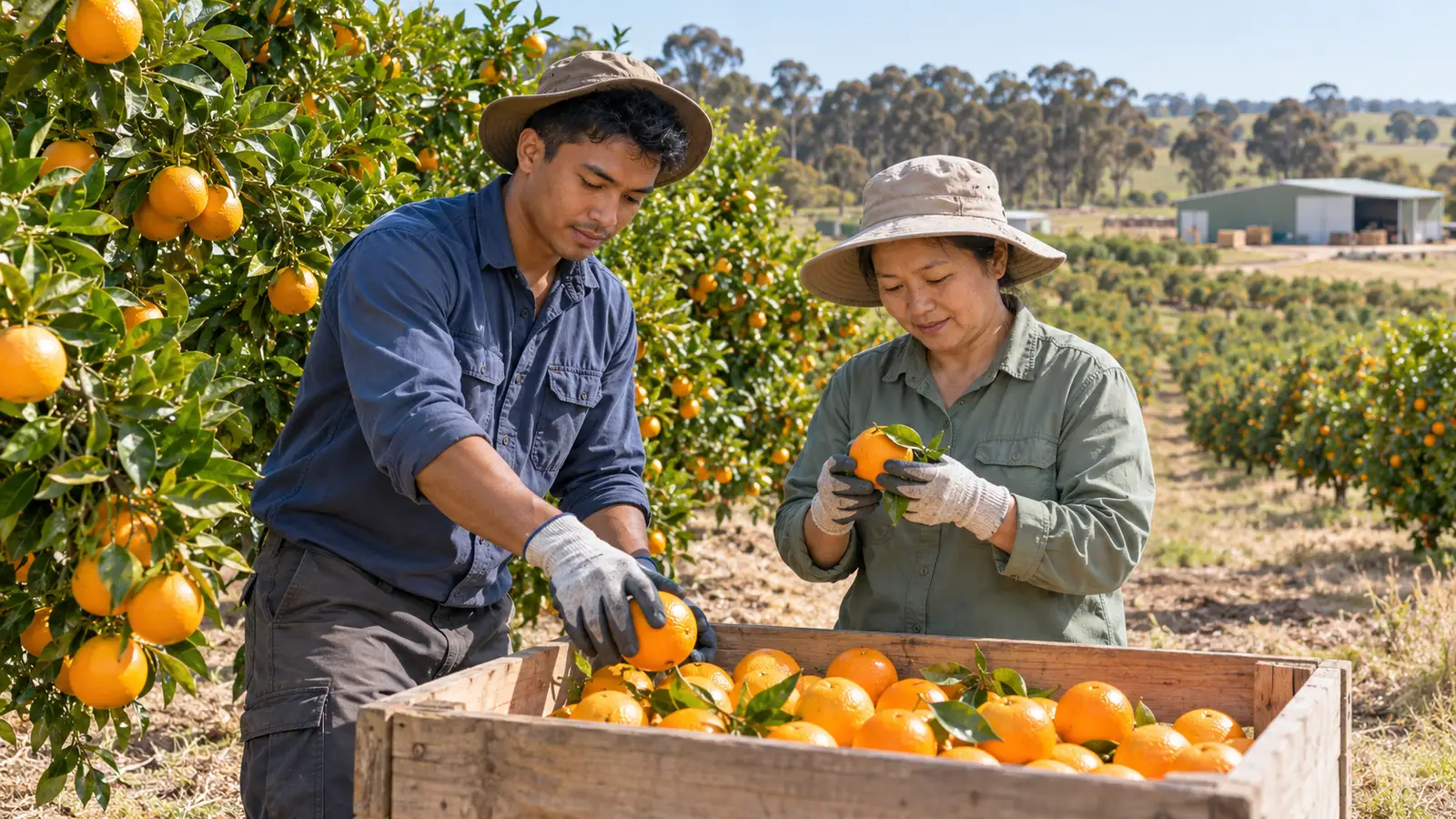 A young man and an older woman sort fresh oranges into a wooden crate in a sunny Australian orchard.