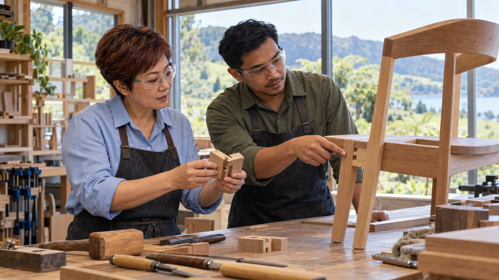 A woman in pale blue and a younger man inspect wooden chair joints in a sunlit New Zealand workshop.