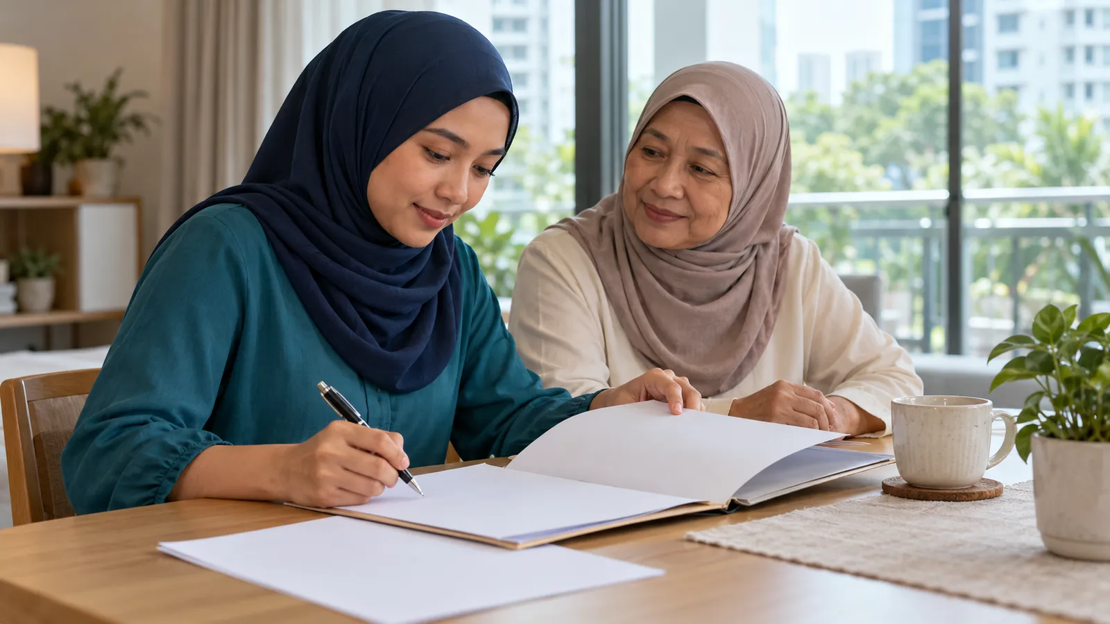 A woman in a navy hijab sorts papers at a dining table while her mother looks on in their Singapore home.