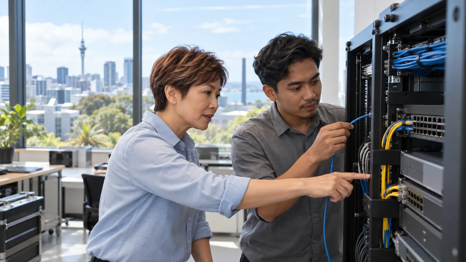 A woman in pale blue and a younger male colleague check server cables in a bright Auckland workplace.
