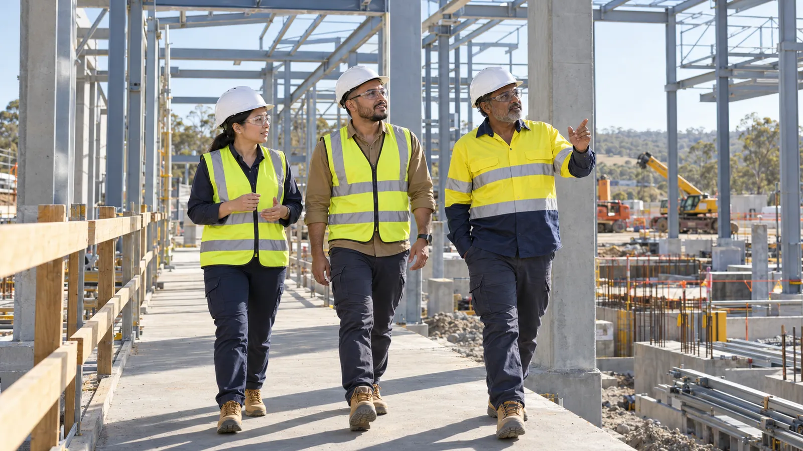 Three workers in hard hats walk through an Australian construction site beneath a steel framework.