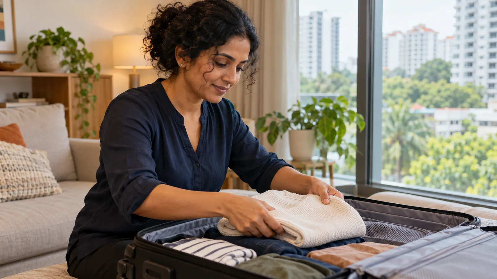 A woman in a navy blouse packs a cream jumper into an open suitcase in her sunlit Singapore home.