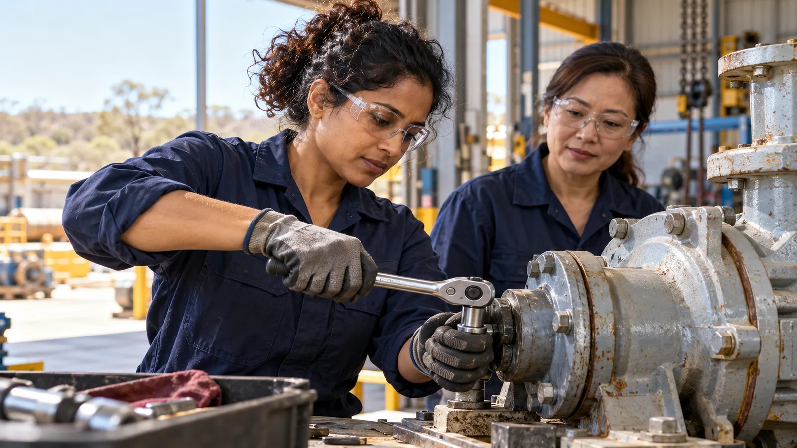 A woman in safety glasses uses a ratchet on an industrial pump while her colleague watches.