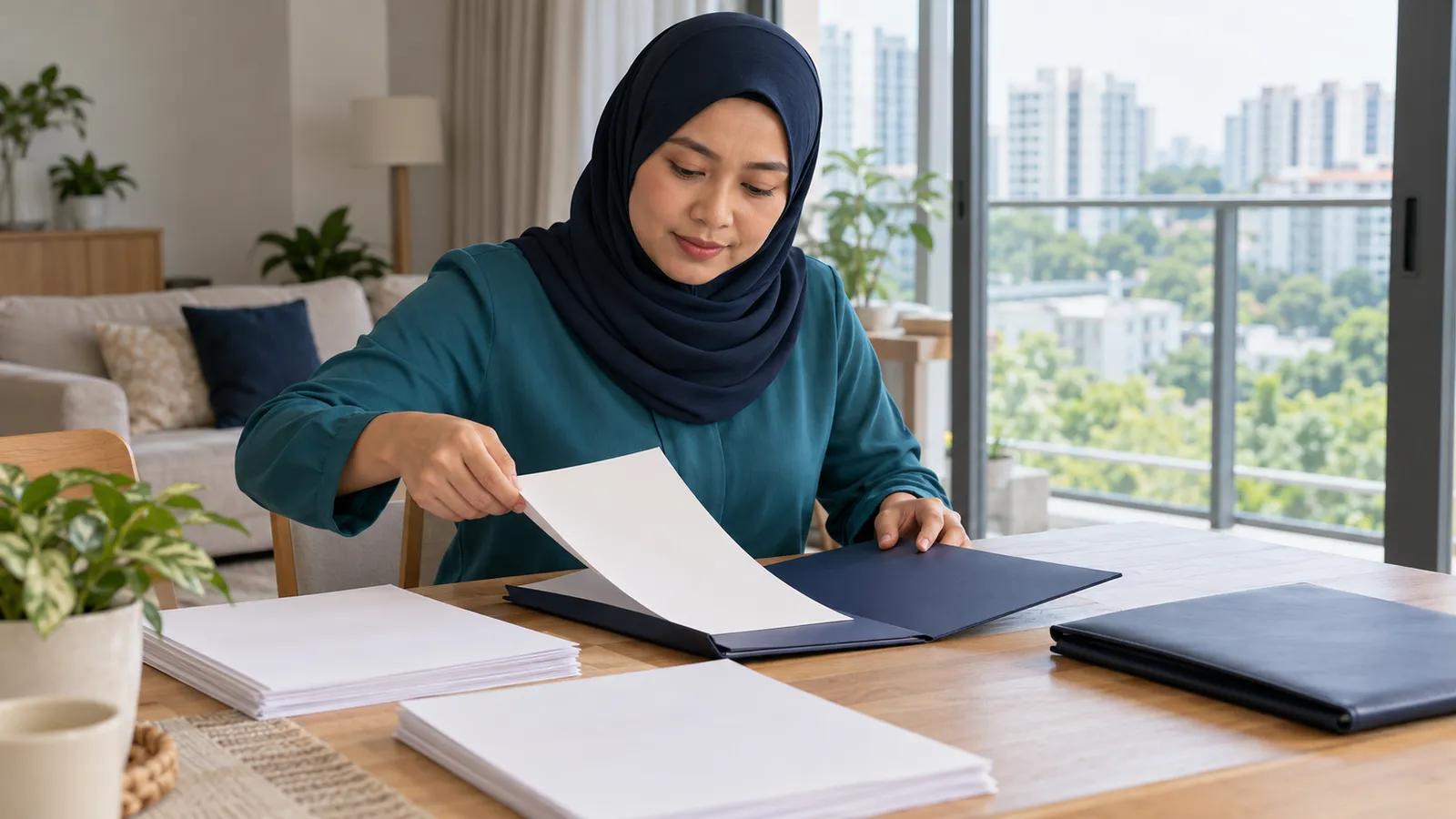 A woman in a navy hijab and teal blouse sorts papers into a folder at her sunlit Singapore home.