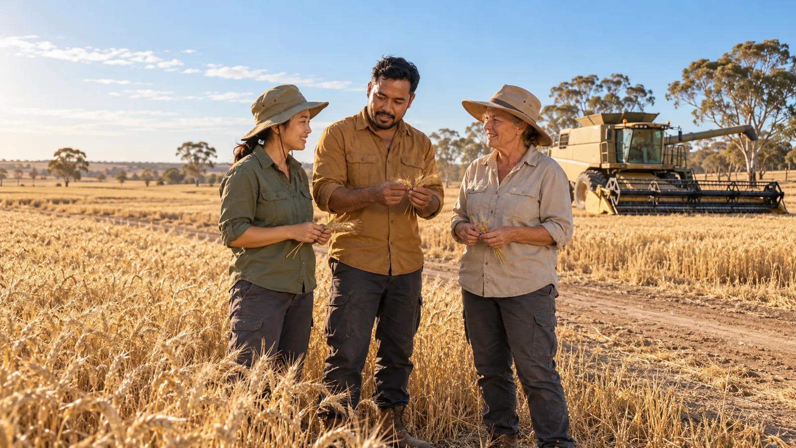 Three farm workers inspect wheat in an Australian paddock with a combine harvester behind them.