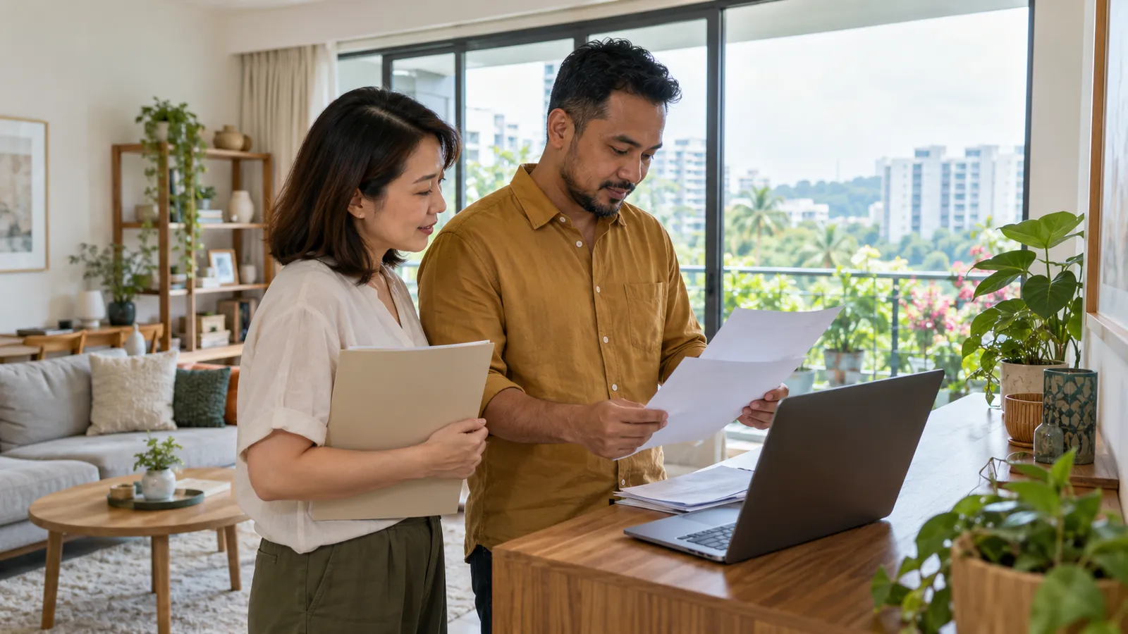 A man in an ochre shirt and a woman stand beside a laptop, checking papers in a bright Singapore home.