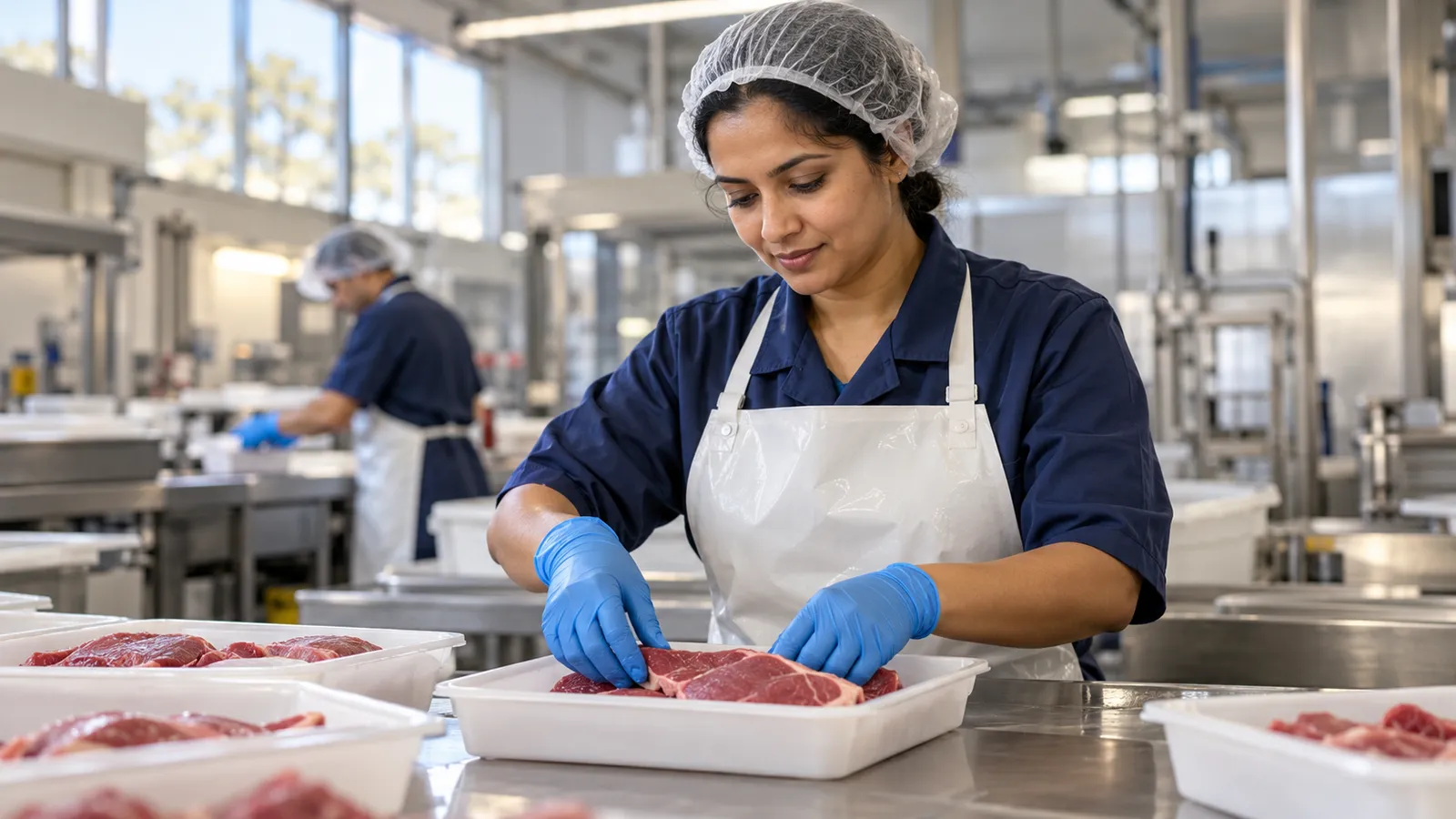 A woman in navy workwear, gloves and a hairnet arranges beef cuts in a bright meat processing facility.