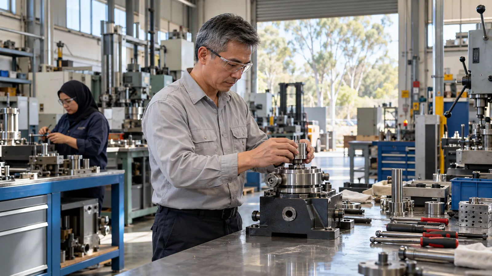 A man fits a metal component in a sunlit workshop while a woman works at a nearby bench.