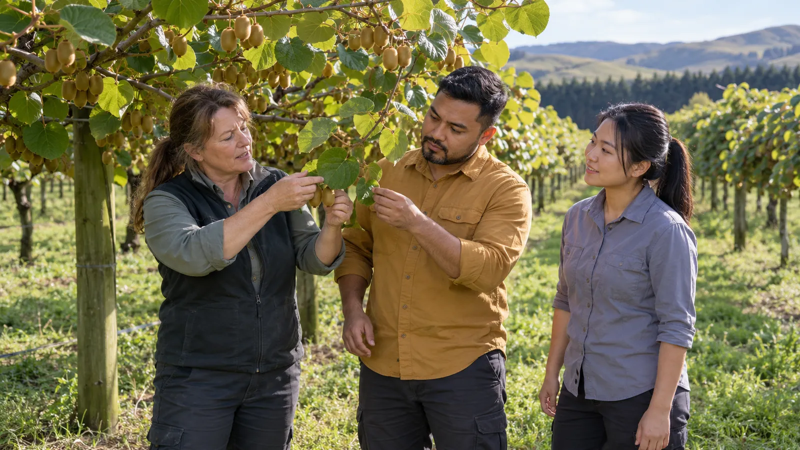 A man in an ochre shirt inspects kiwifruit leaves with two women in a sunny New Zealand orchard.