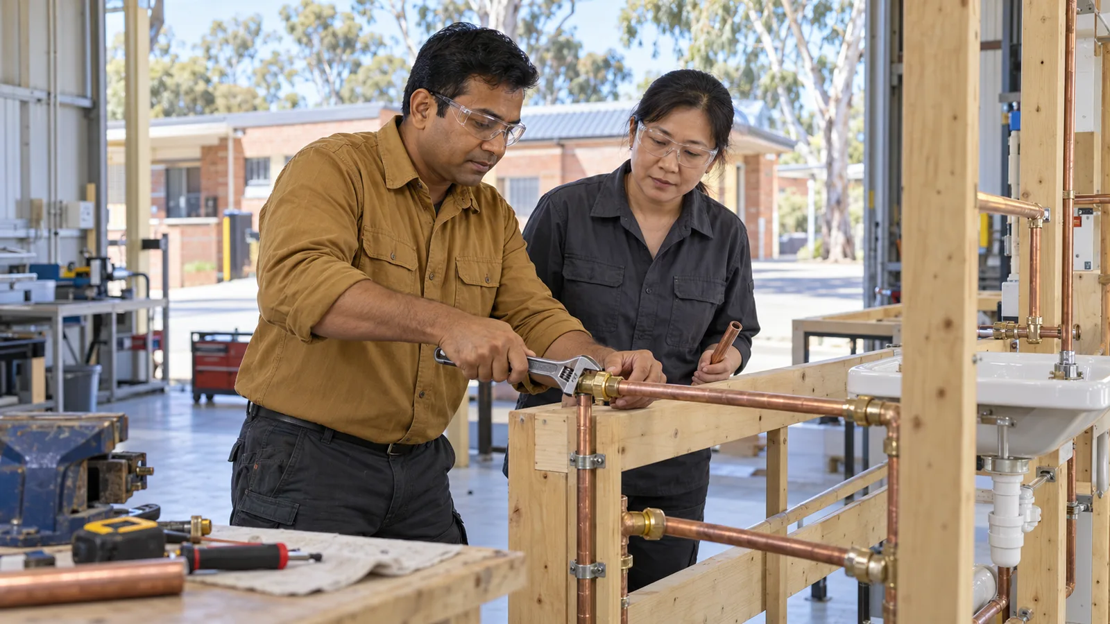 A man in ochre workwear tightens a copper pipe fitting while a woman watches in a bright plumbing workshop.