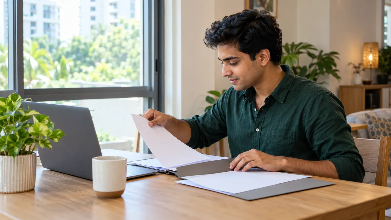 A man in a dark green shirt sorts papers beside a laptop at a sunlit table in his Singapore home.