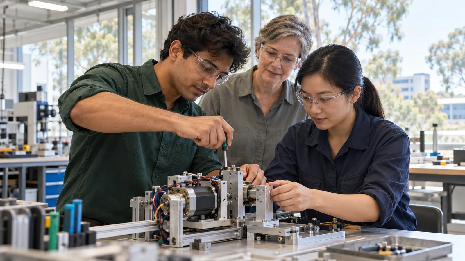 A man in dark green adjusts a mechanical prototype with two colleagues in a bright engineering workshop.