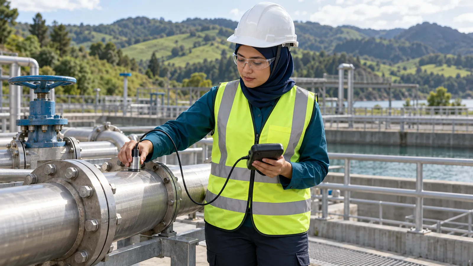 A woman engineer in a navy hijab and safety gear checks a pipe at a New Zealand water treatment plant.